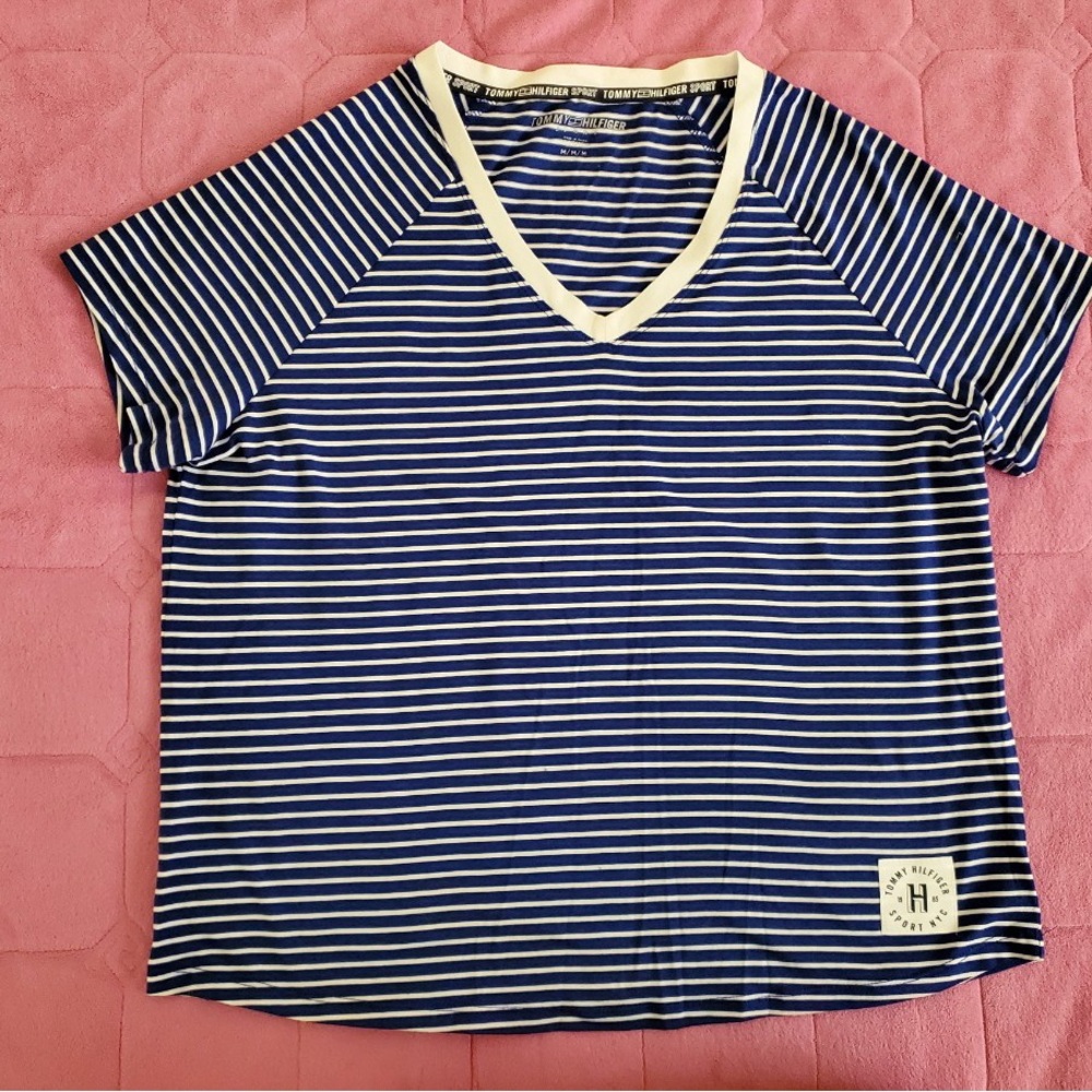 Tommy Hilfiger Navy & White Striped V-Neck Tee